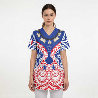 Austral Islands Scrub Top Tuhaa Pae Penu Stars Necklace Red - Polynesian Pride