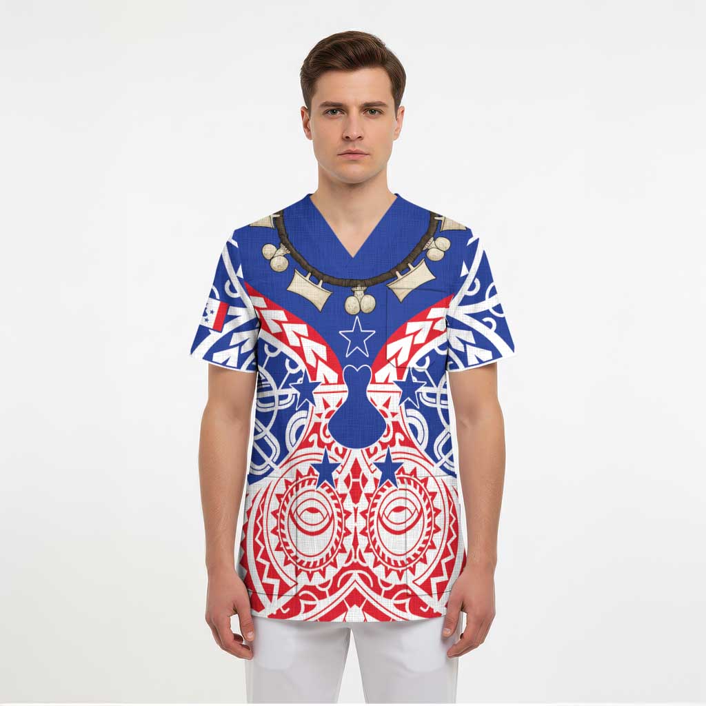 Austral Islands Scrub Top Tuhaa Pae Penu Stars Necklace Red - Polynesian Pride