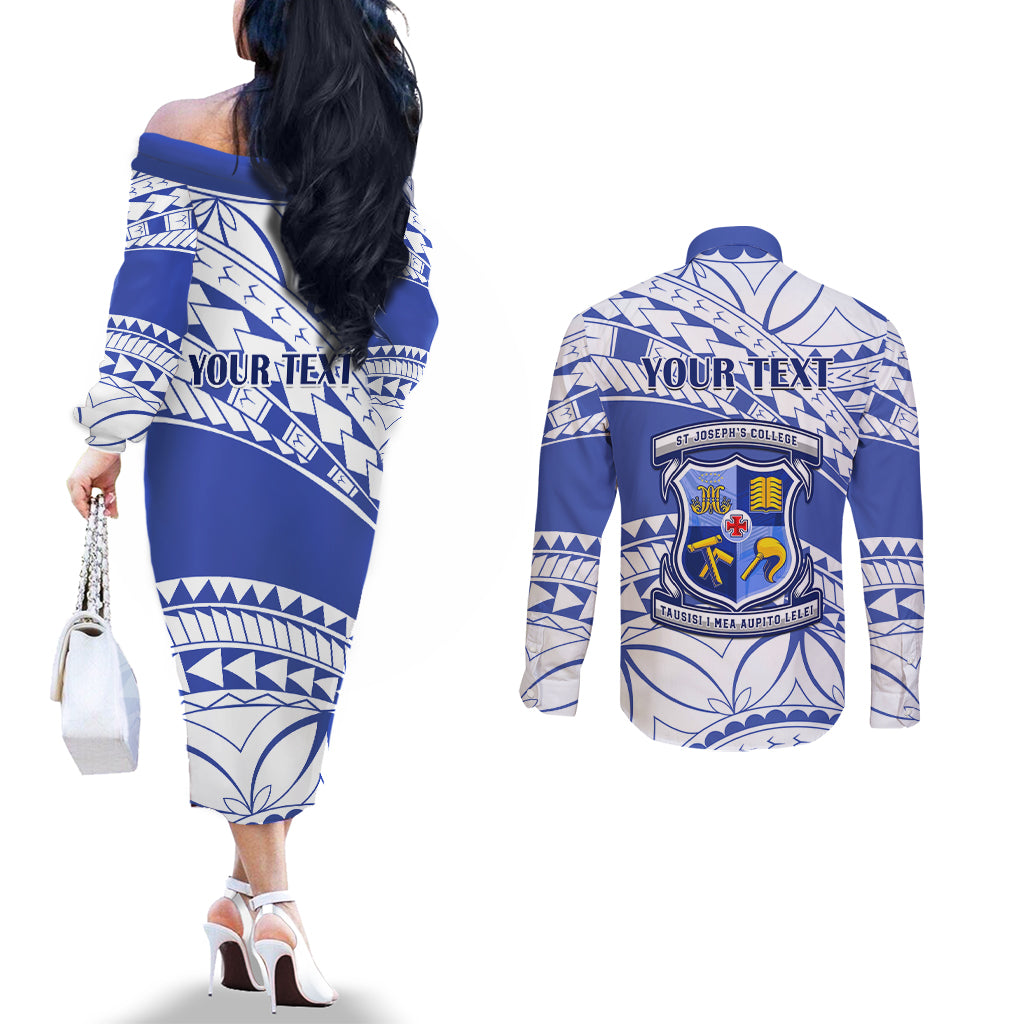 Personalised Samoa St Josephs College Couples Matching Off The Shoulder Long Sleeve Dress and Long Sleeve Button Shirt Marist Brothers Samoan Pattern LT14 - Polynesian Pride