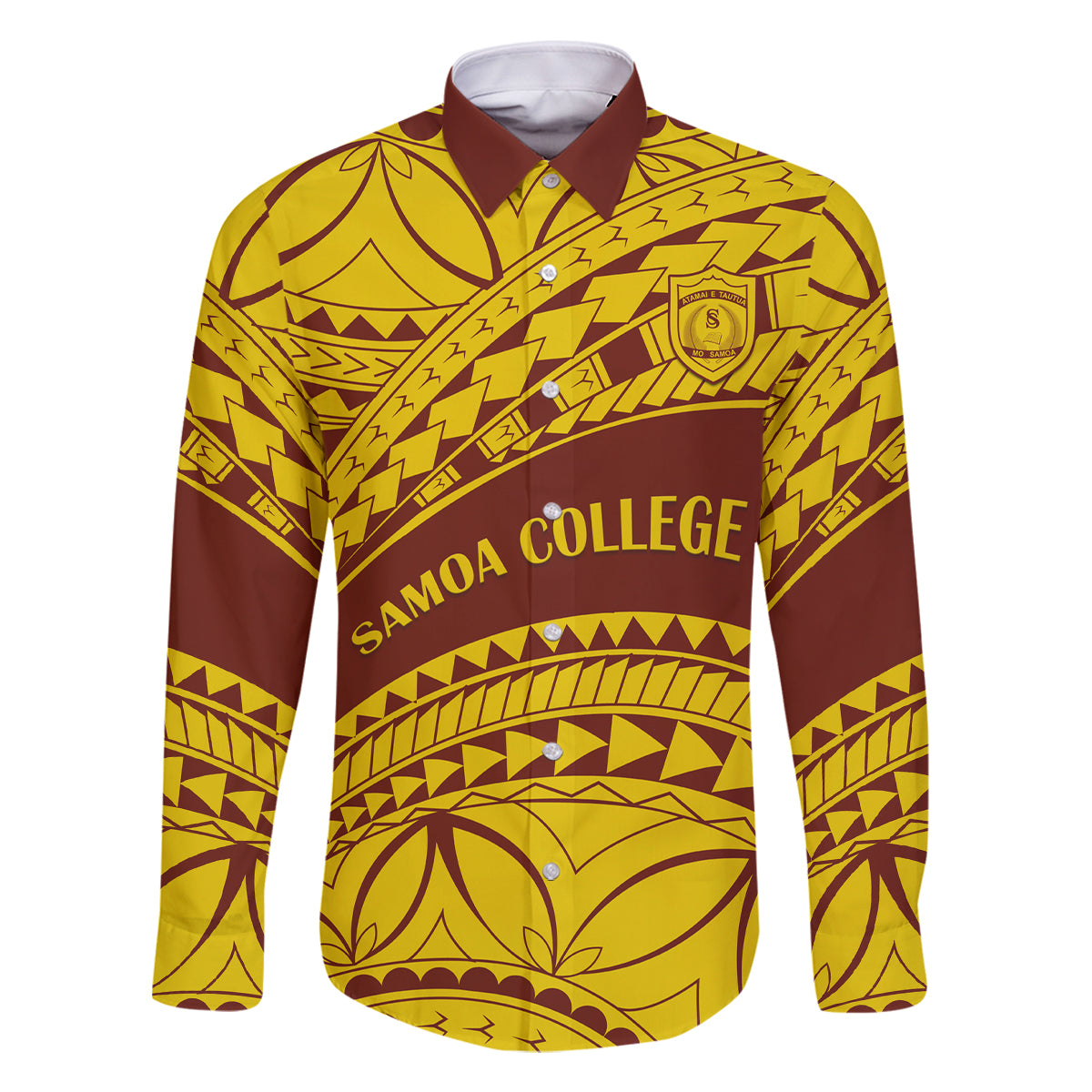 Personalised Samoa College Family Matching Long Sleeve Bodycon Dress and Hawaiian Shirt Samoan Pattern LT14 Dad's Shirt - Long Sleeve Gold - Polynesian Pride