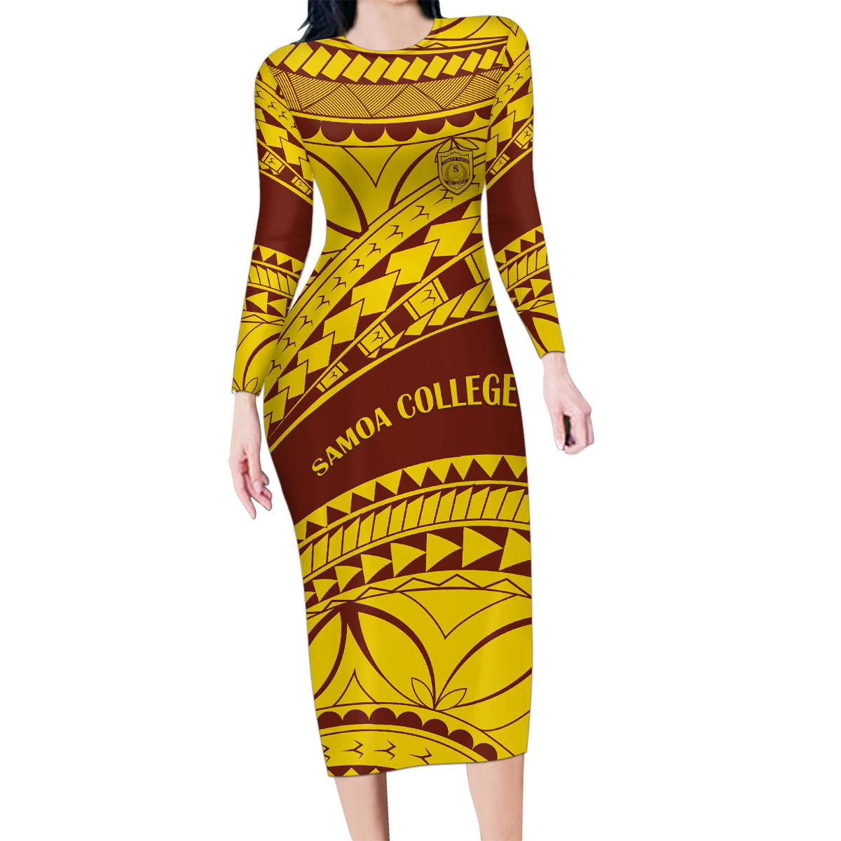 Personalised Samoa College Family Matching Long Sleeve Bodycon Dress and Hawaiian Shirt Samoan Pattern LT14 Mom's Dress Gold - Polynesian Pride