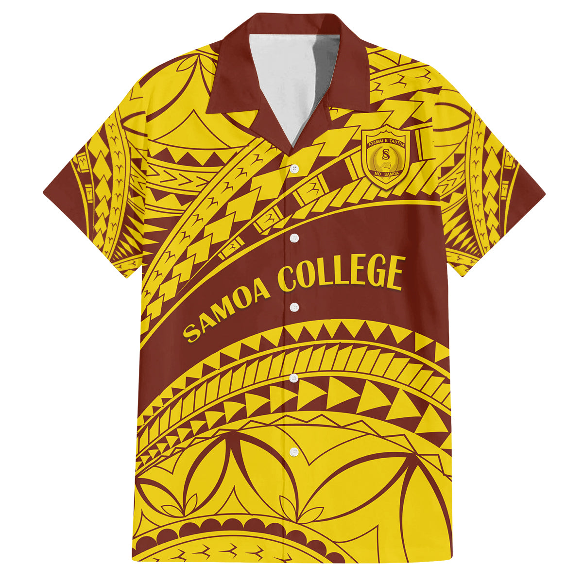 Personalised Samoa College Family Matching Off Shoulder Maxi Dress and Hawaiian Shirt Samoan Pattern LT14 Dad's Shirt - Short Sleeve Gold - Polynesian Pride