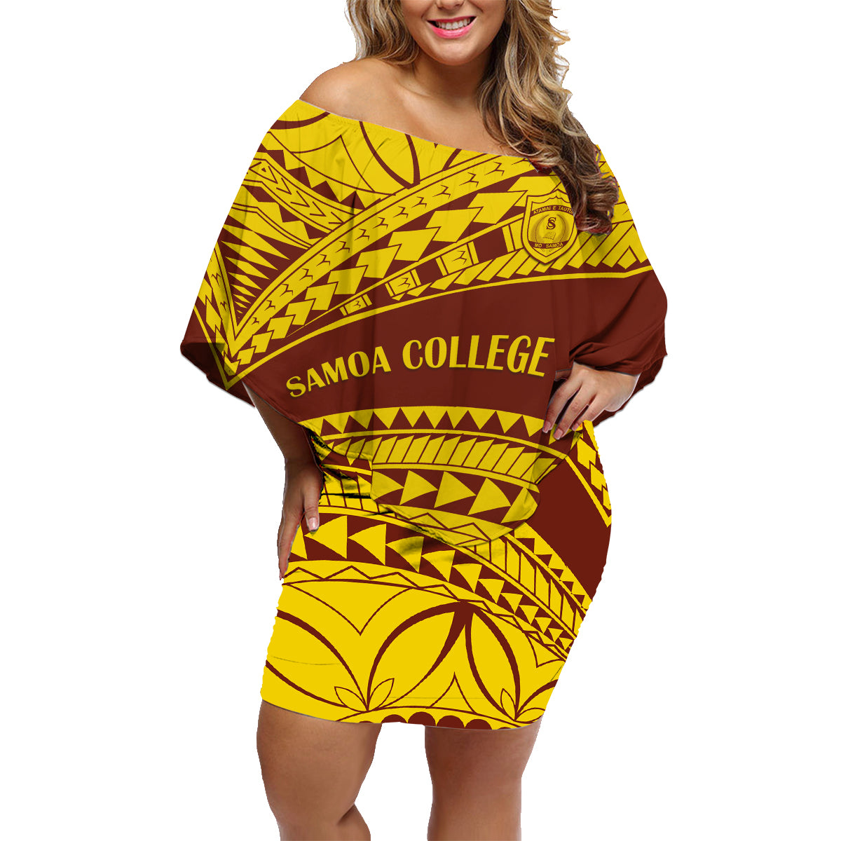 Personalised Samoa College Family Matching Off Shoulder Short Dress and Hawaiian Shirt Samoan Pattern LT14 Mom's Dress Gold - Polynesian Pride