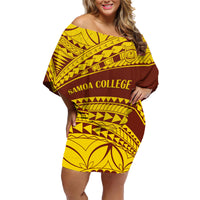 Personalised Samoa College Family Matching Off Shoulder Short Dress and Hawaiian Shirt Samoan Pattern LT14 Mom's Dress Gold - Polynesian Pride