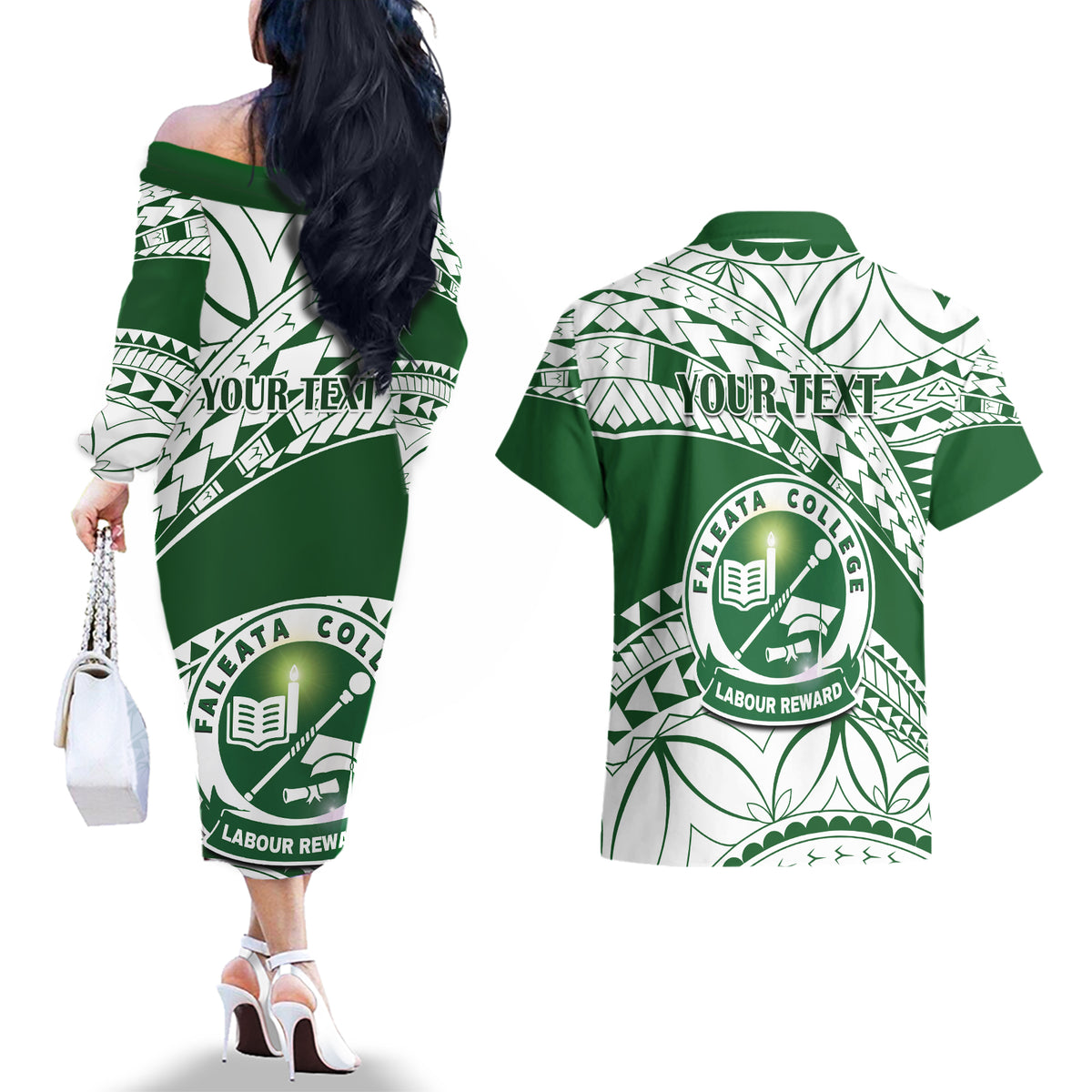 Personalised Samoa Faleata College Couples Matching Off The Shoulder Long Sleeve Dress and Hawaiian Shirt Samoan Pattern LT14 - Polynesian Pride