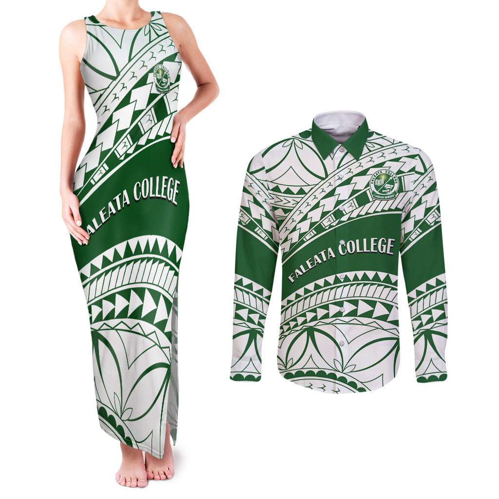 Personalised Samoa Faleata College Couples Matching Tank Maxi Dress and Long Sleeve Button Shirt Samoan Pattern LT14 Green - Polynesian Pride