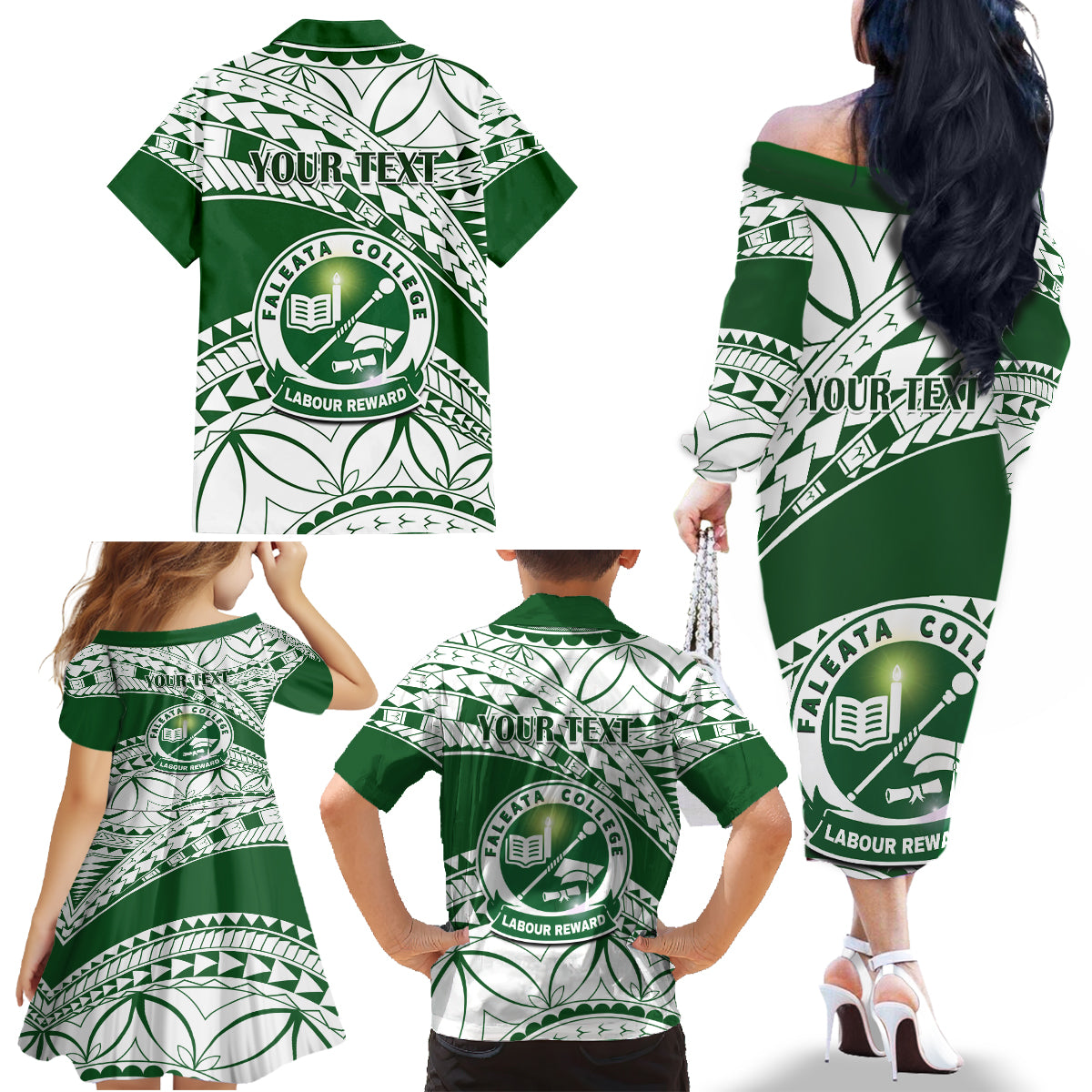 Personalised Samoa Faleata College Family Matching Off Shoulder Long Sleeve Dress and Hawaiian Shirt Samoan Pattern LT14 - Polynesian Pride