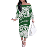 Personalised Samoa Faleata College Family Matching Off Shoulder Long Sleeve Dress and Hawaiian Shirt Samoan Pattern LT14 Mom's Dress Green - Polynesian Pride