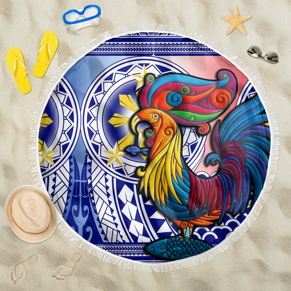 Philippines Beach Blanket Filipino Sarimanok With Polynesian Tattoo LT14 One Size 150cm Blue - Polynesian Pride