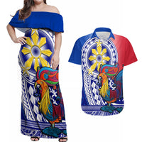 Personalised Philippines Couples Matching Off Shoulder Maxi Dress and Hawaiian Shirt Filipino Sarimanok With Polynesian Tattoo LT14 Blue - Polynesian Pride