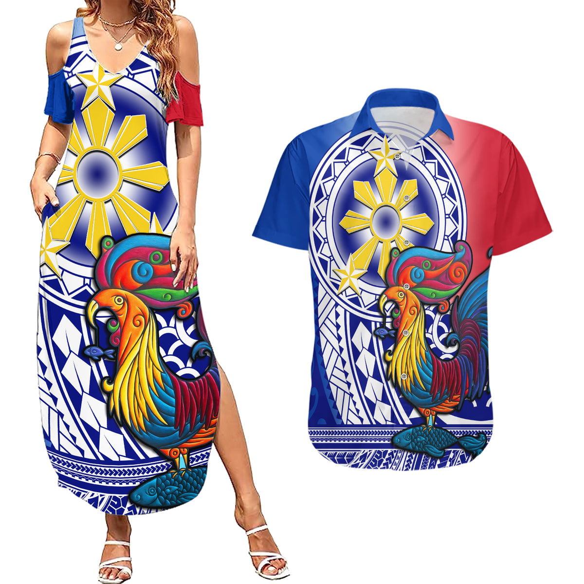 Personalised Philippines Couples Matching Summer Maxi Dress and Hawaiian Shirt Filipino Sarimanok With Polynesian Tattoo LT14 Blue - Polynesian Pride