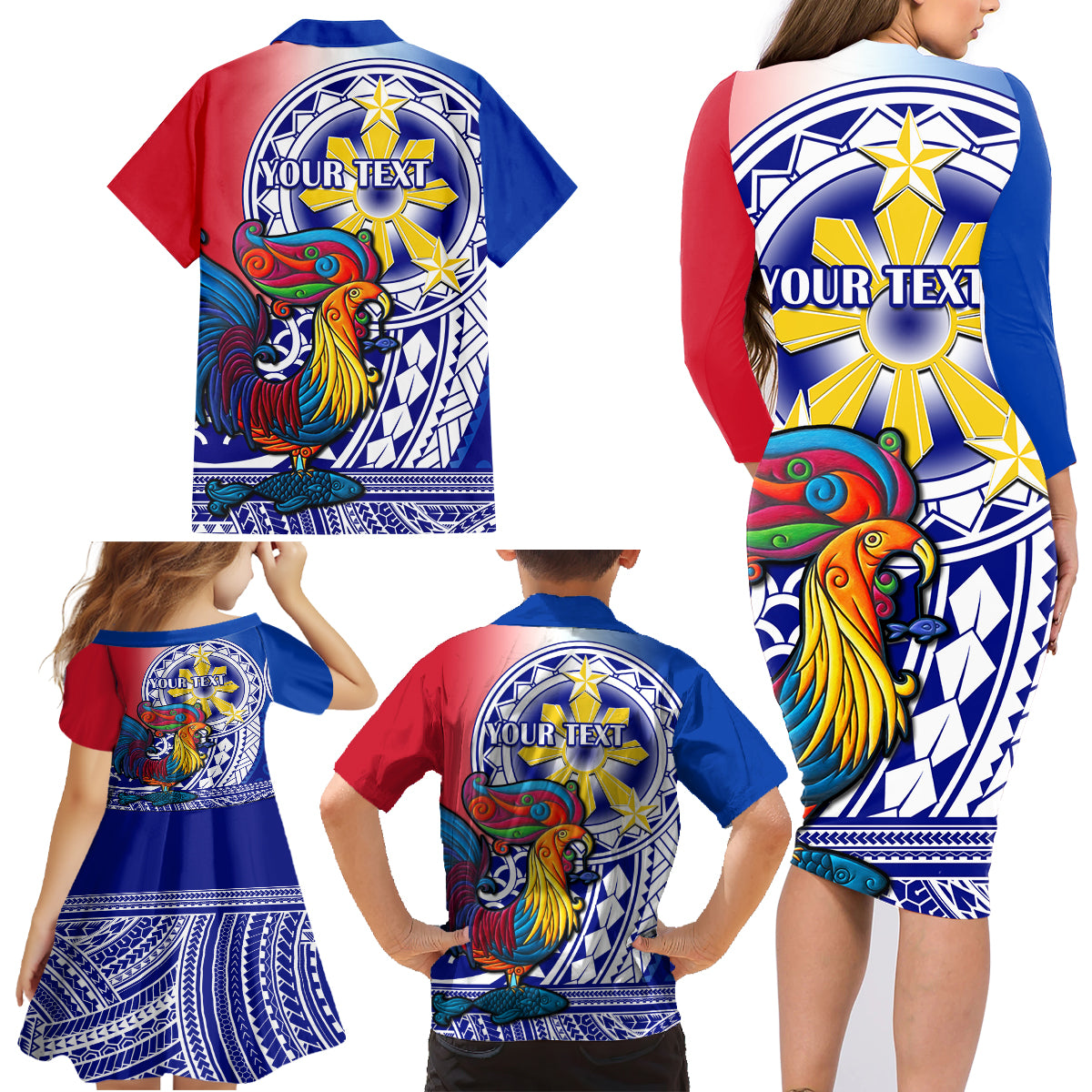 Personalised Philippines Family Matching Long Sleeve Bodycon Dress and Hawaiian Shirt Filipino Sarimanok With Polynesian Tattoo LT14 - Polynesian Pride