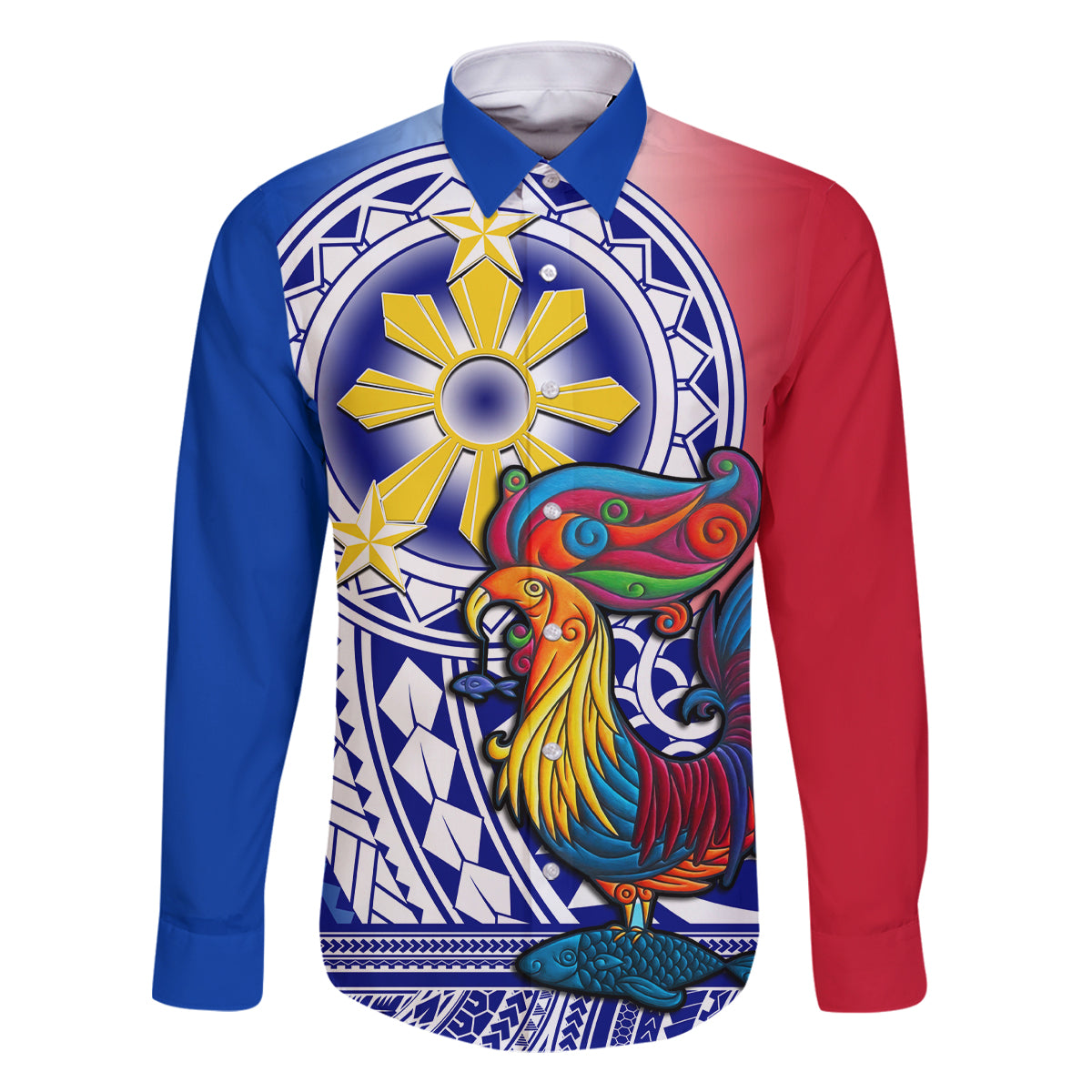 Personalised Philippines Family Matching Mermaid Dress and Hawaiian Shirt Filipino Sarimanok With Polynesian Tattoo LT14 Dad's Shirt - Long Sleeve Blue - Polynesian Pride