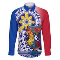 Personalised Philippines Family Matching Mermaid Dress and Hawaiian Shirt Filipino Sarimanok With Polynesian Tattoo LT14 Dad's Shirt - Long Sleeve Blue - Polynesian Pride