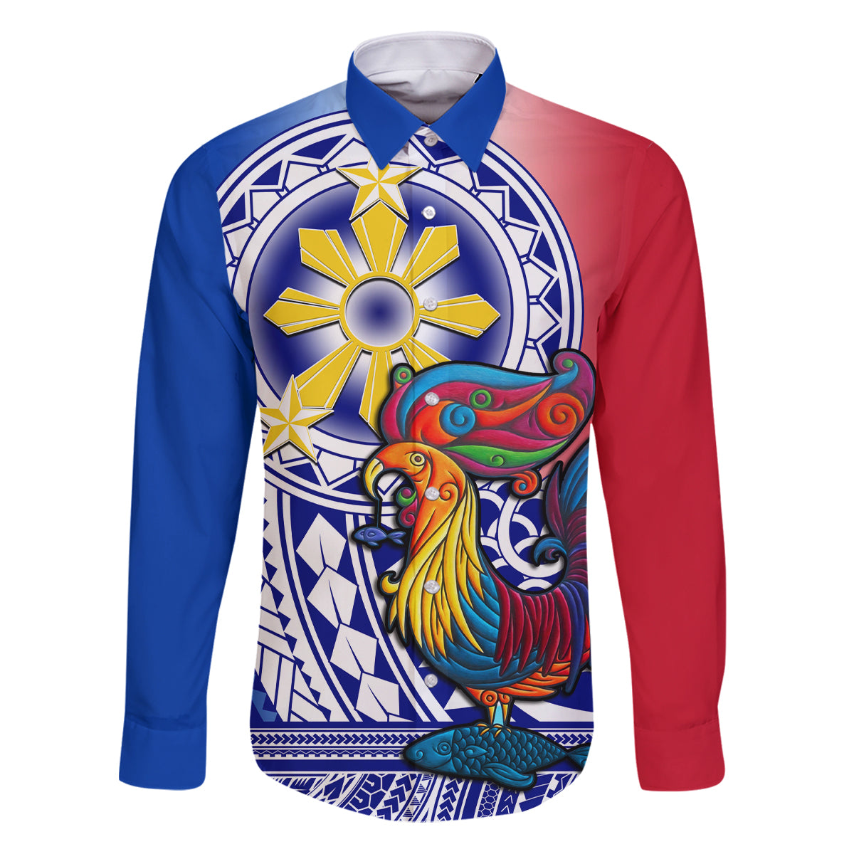 Personalised Philippines Family Matching Puletasi Dress and Hawaiian Shirt Filipino Sarimanok With Polynesian Tattoo LT14 Dad's Shirt - Long Sleeve Blue - Polynesian Pride