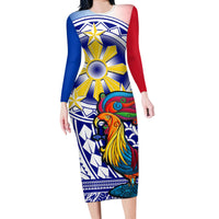 Personalised Philippines Long Sleeve Bodycon Dress Filipino Sarimanok With Polynesian Tattoo LT14 Long Dress Blue - Polynesian Pride