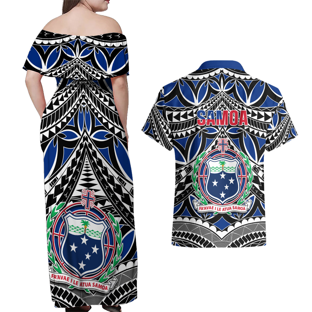 Samoa 685 Couples Matching Off Shoulder Maxi Dress and Hawaiian Shirt Samoan Coat Of Arms Simple Style LT14 - Polynesian Pride