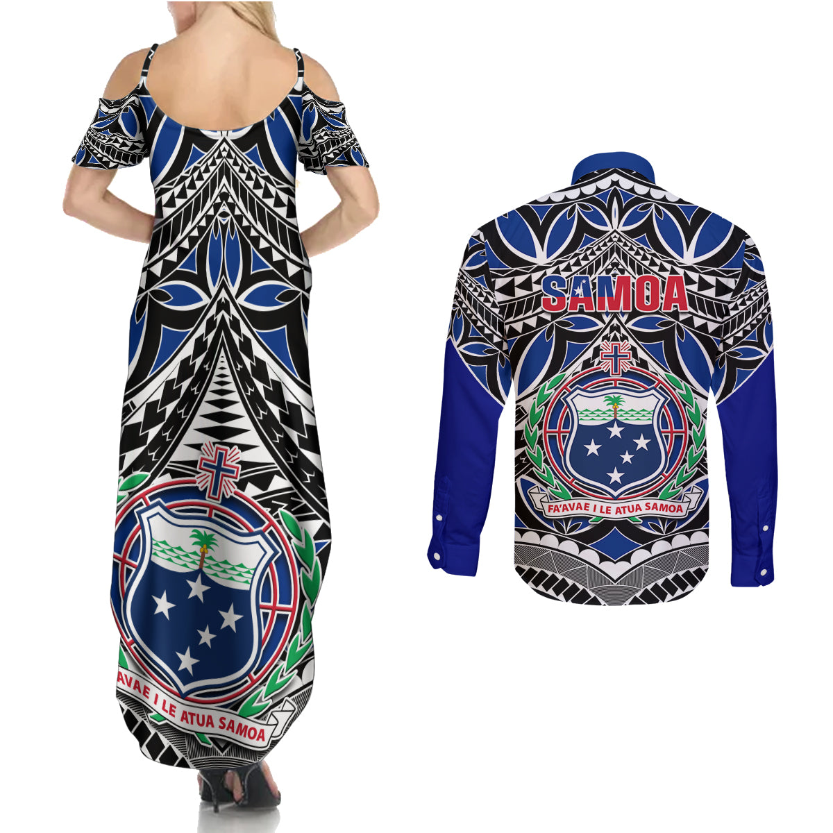 Samoa 685 Couples Matching Summer Maxi Dress and Long Sleeve Button Shirt Samoan Coat Of Arms Simple Style LT14 - Polynesian Pride