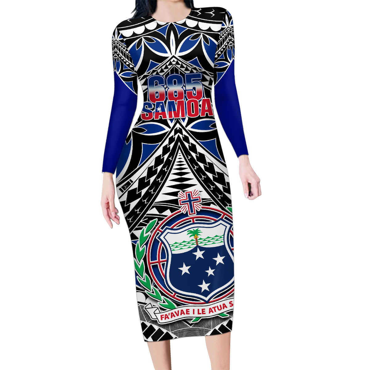 Samoa 685 Family Matching Long Sleeve Bodycon Dress and Hawaiian Shirt Samoan Coat Of Arms Simple Style LT14 Mom's Dress Blue - Polynesian Pride