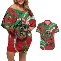 Mele Kalikimaka Hawaii Couples Matching Off Shoulder Short Dress and Hawaiian Shirt Mongoose Santa With Ohia Lehua