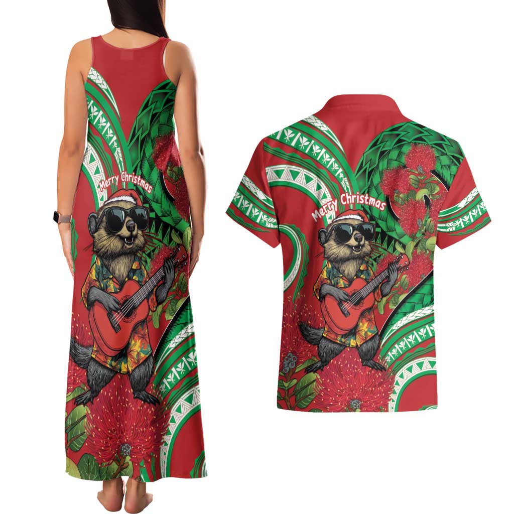 Mele Kalikimaka Hawaii Couples Matching Tank Maxi Dress and Hawaiian Shirt Mongoose Santa With Ohia Lehua