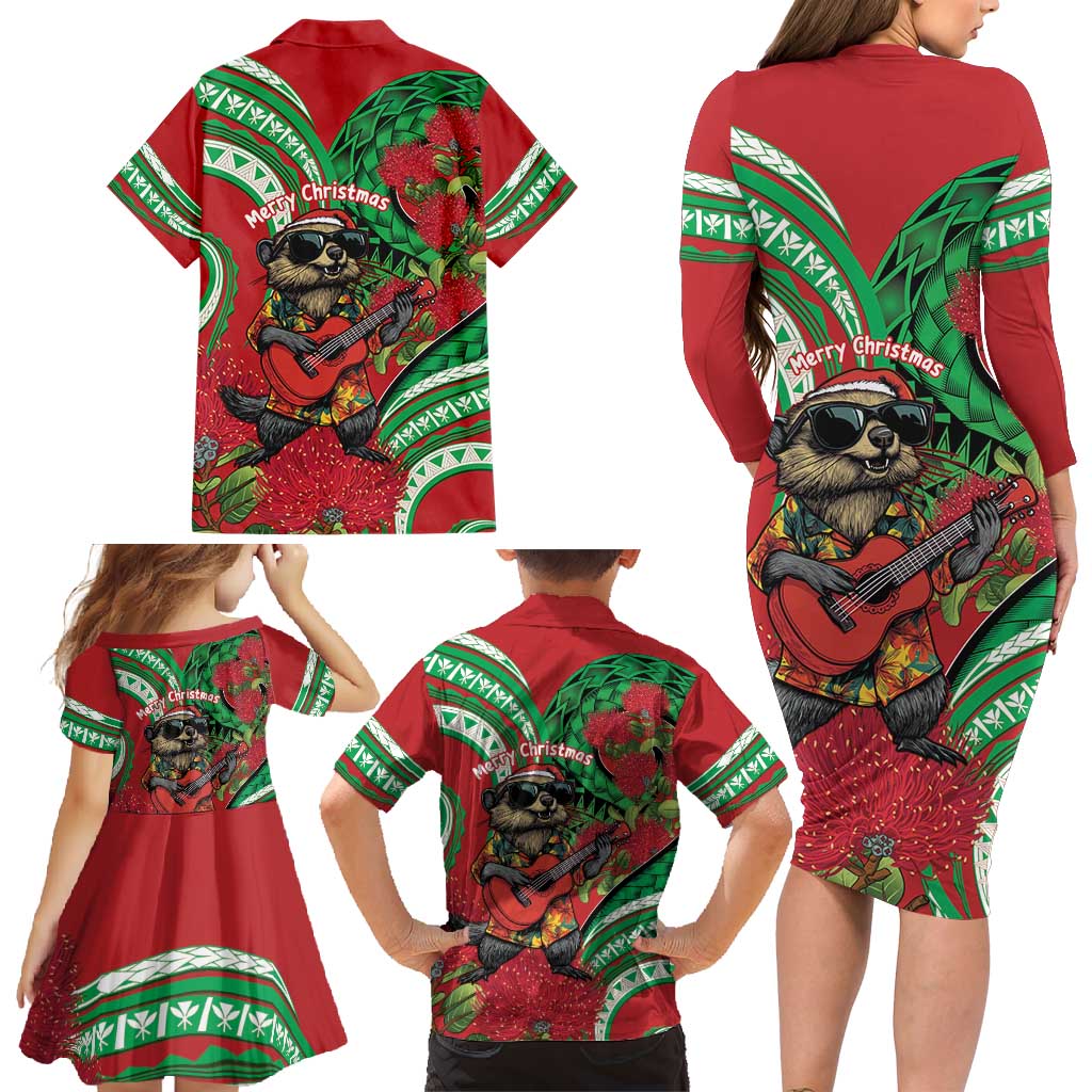 Mele Kalikimaka Hawaii Family Matching Long Sleeve Bodycon Dress and Hawaiian Shirt Mongoose Santa With Ohia Lehua