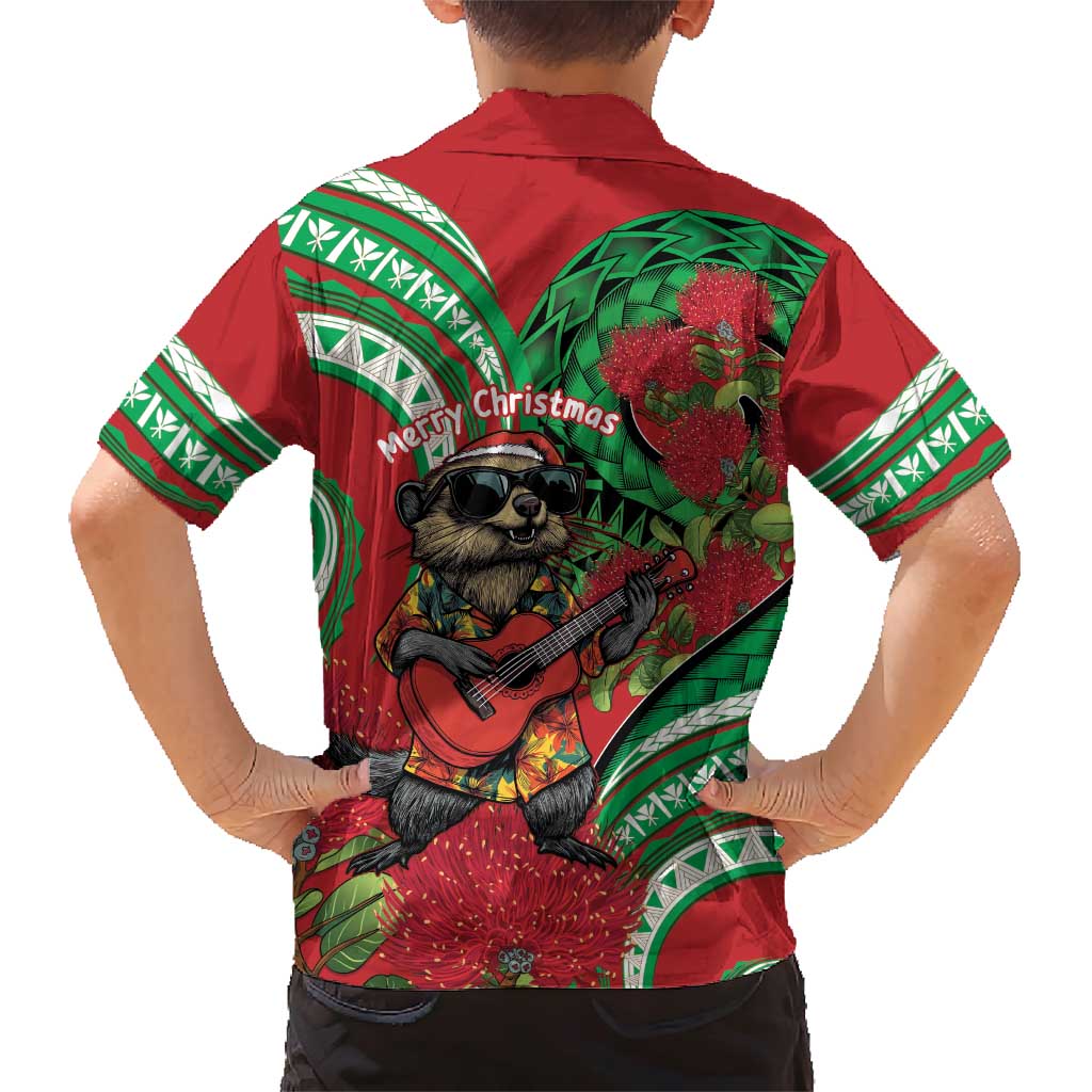 Mele Kalikimaka Hawaii Family Matching Short Sleeve Bodycon Dress and Hawaiian Shirt Mongoose Santa With Ohia Lehua LT14 - Polynesian Pride