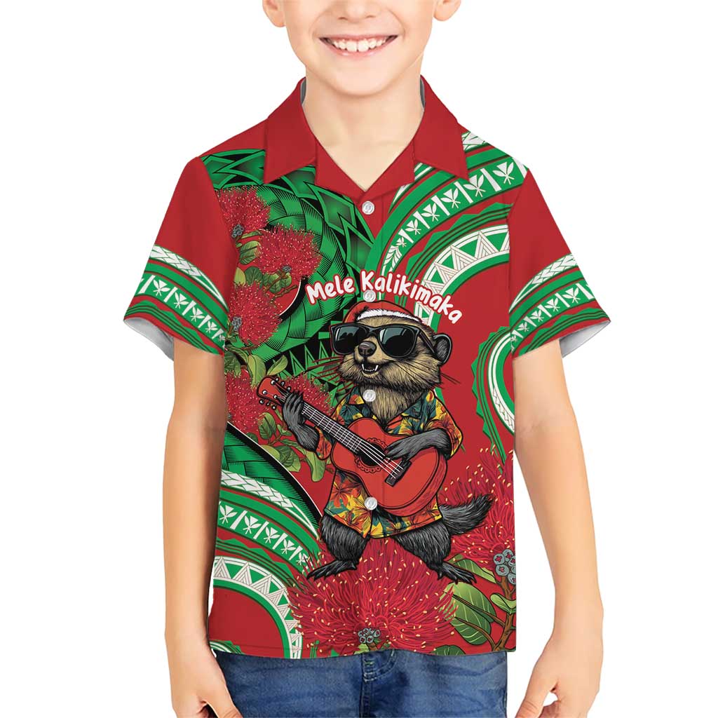 Mele Kalikimaka Hawaii Family Matching Short Sleeve Bodycon Dress and Hawaiian Shirt Mongoose Santa With Ohia Lehua LT14 Son's Shirt Red - Polynesian Pride