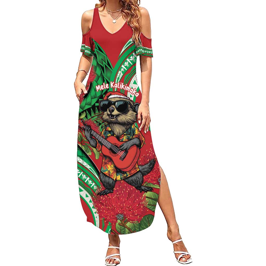 Mele Kalikimaka Hawaii Family Matching Summer Maxi Dress and Hawaiian Shirt Mongoose Santa With Ohia Lehua