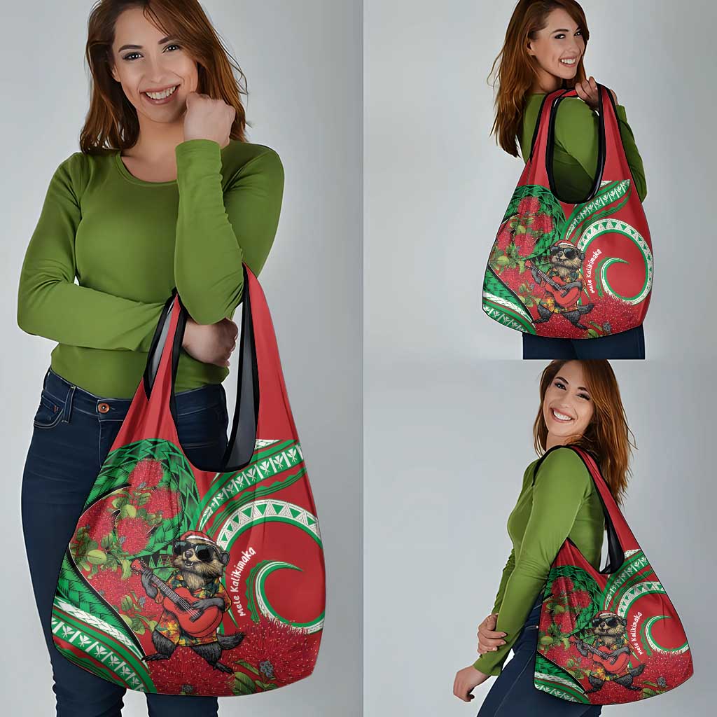 Mele Kalikimaka Hawaii Grocery Bag Mongoose Santa With Ohia Lehua