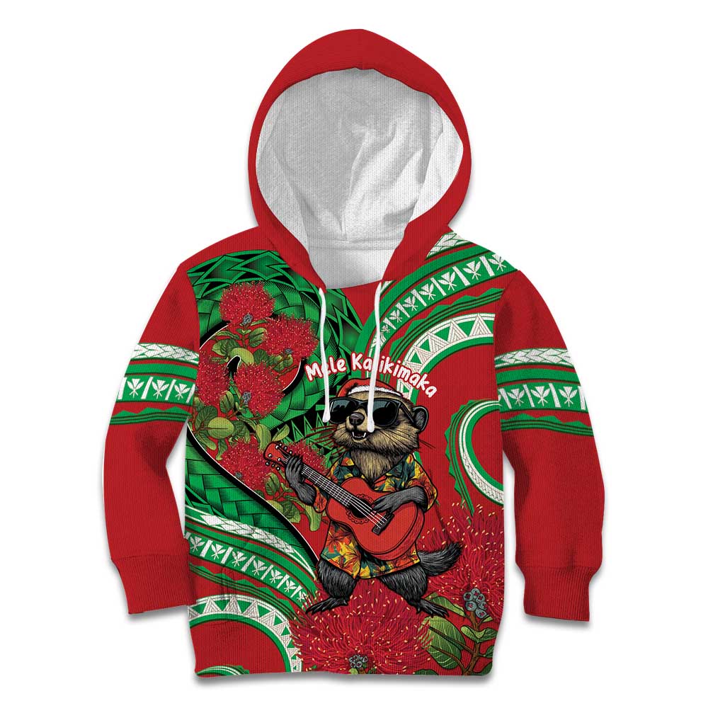 Mele Kalikimaka Hawaii Kid Hoodie Mongoose Santa With Ohia Lehua LT14 Hoodie Red - Polynesian Pride