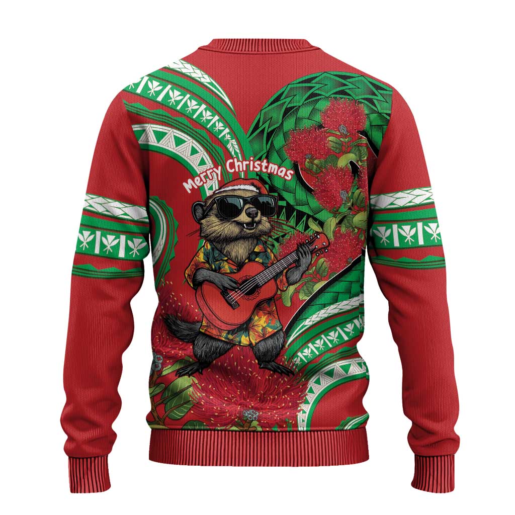 Mele Kalikimaka Hawaii Ugly Christmas Sweater Mongoose Santa With Ohia Lehua