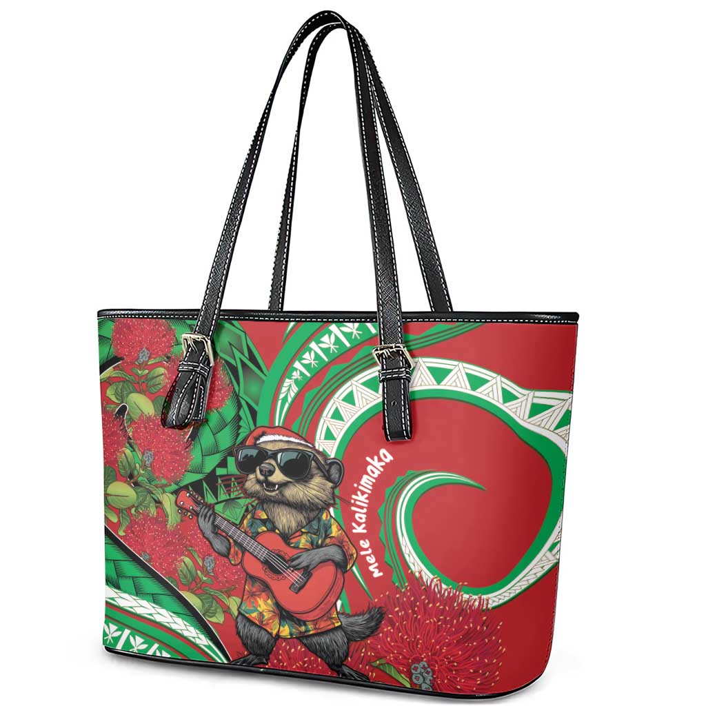 Mele Kalikimaka Hawaii Leather Tote Bag Mongoose Santa With Ohia Lehua