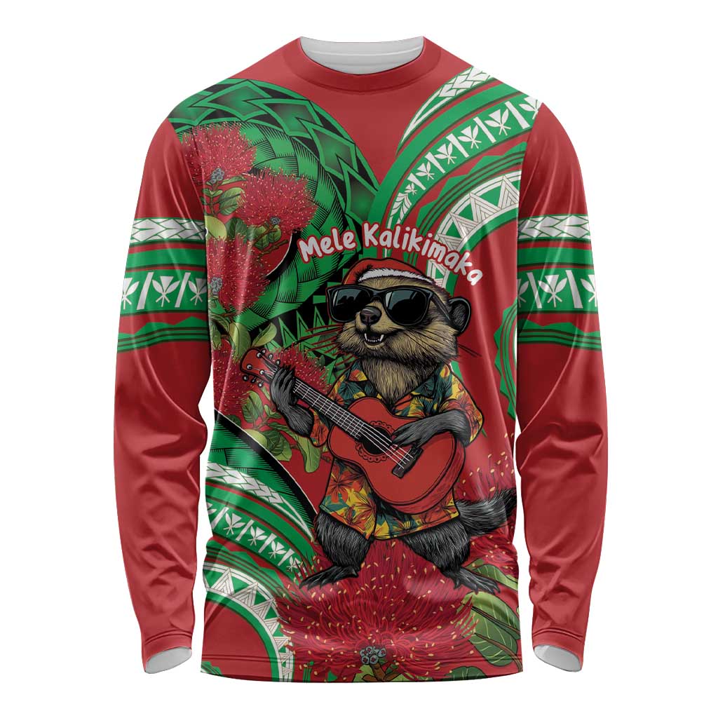 Mele Kalikimaka Hawaii Long Sleeve Shirt Mongoose Santa With Ohia Lehua LT14 Unisex Red - Polynesian Pride
