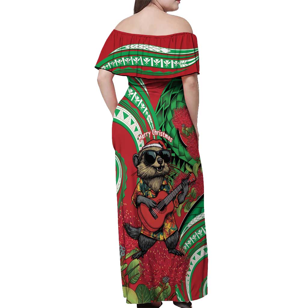 Mele Kalikimaka Hawaii Off Shoulder Maxi Dress Mongoose Santa With Ohia Lehua