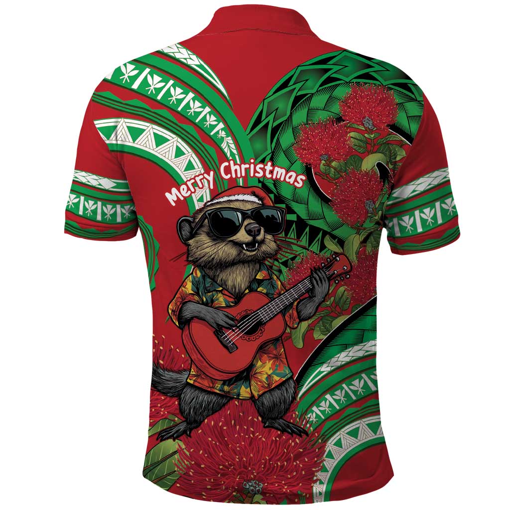Mele Kalikimaka Hawaii Polo Shirt Mongoose Santa With Ohia Lehua