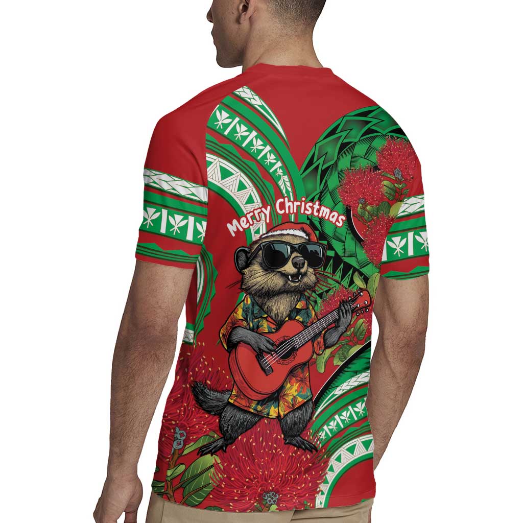 Mele Kalikimaka Hawaii Rugby Jersey Mongoose Santa With Ohia Lehua