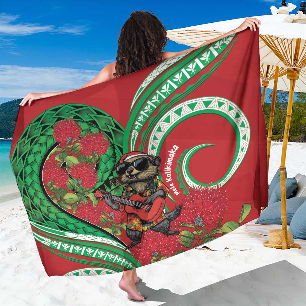 Mele Kalikimaka Hawaii Sarong Mongoose Santa With Ohia Lehua LT14 One Size 44 x 66 inches Red - Polynesian Pride