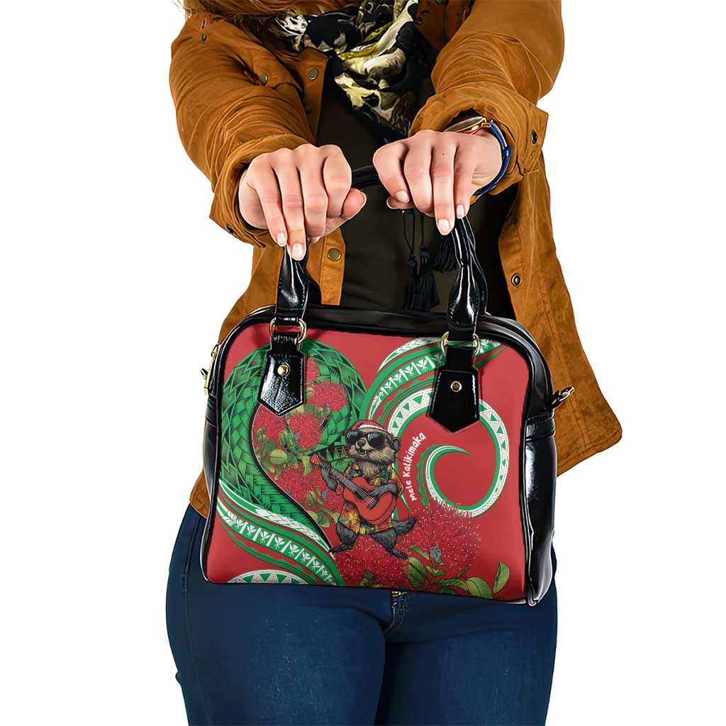Mele Kalikimaka Hawaii Shoulder Handbag Mongoose Santa With Ohia Lehua LT14 One Size Red - Polynesian Pride