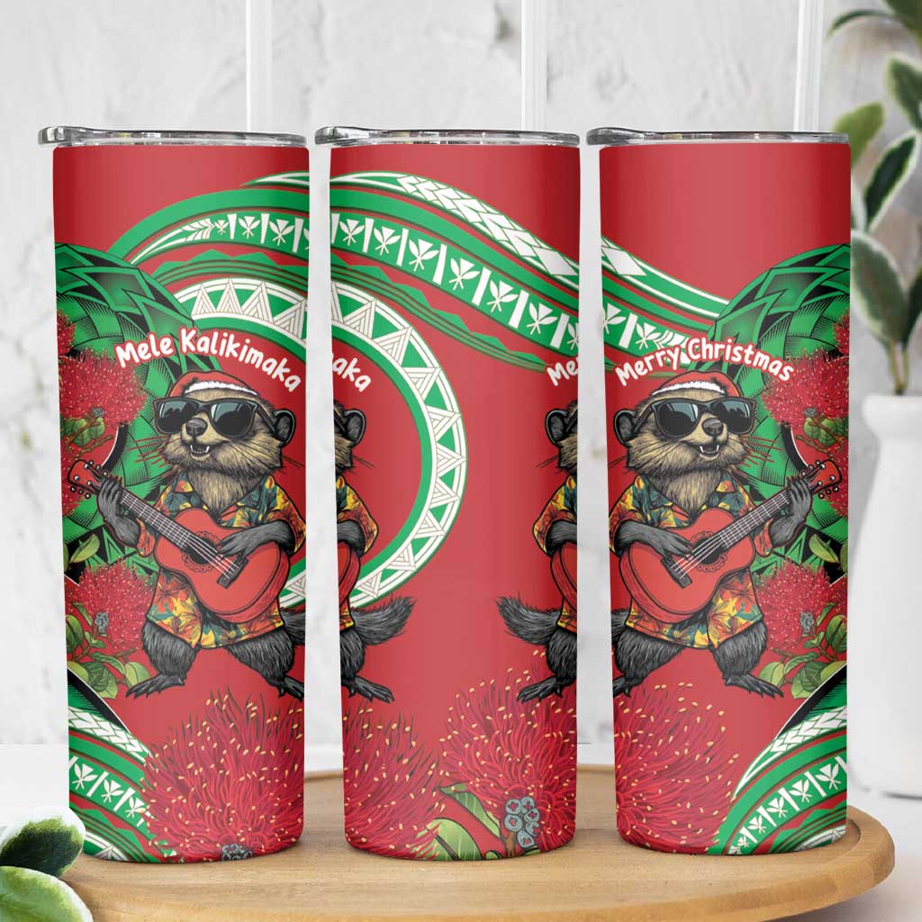 Mele Kalikimaka Hawaii Skinny Tumbler Mongoose Santa With Ohia Lehua