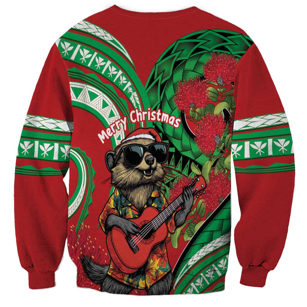 Mele Kalikimaka Hawaii Sweatshirt Mongoose Santa With Ohia Lehua