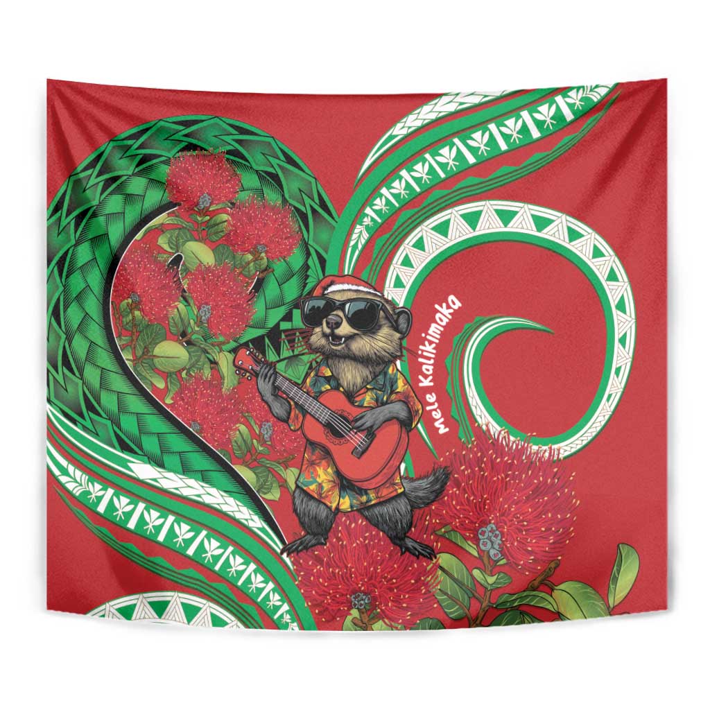 Mele Kalikimaka Hawaii Tapestry Mongoose Santa With Ohia Lehua