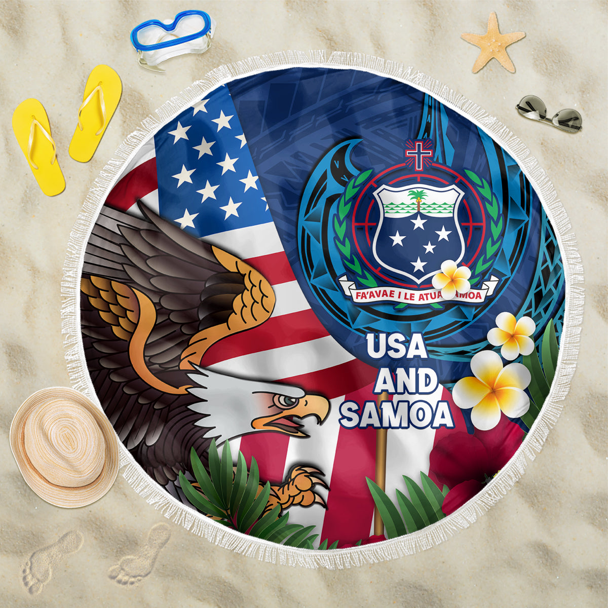 United States And Samoa Beach Blanket USA Flag Eagle Mix Samoan Coat Of Arms LT14 One Size 150cm Blue - Polynesian Pride
