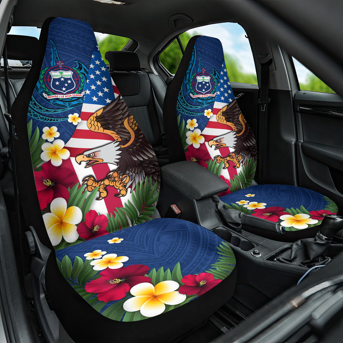 United States And Samoa Car Seat Cover USA Flag Eagle Mix Samoan Coat Of Arms LT14 One Size Blue - Polynesian Pride