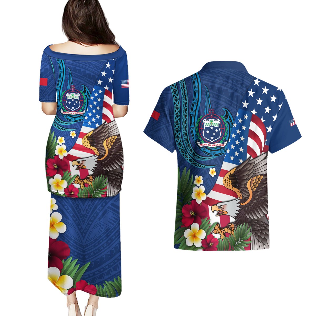 United States And Samoa Couples Matching Puletasi Dress and Hawaiian Shirt USA Flag Eagle Mix Samoan Coat Of Arms LT14 - Polynesian Pride
