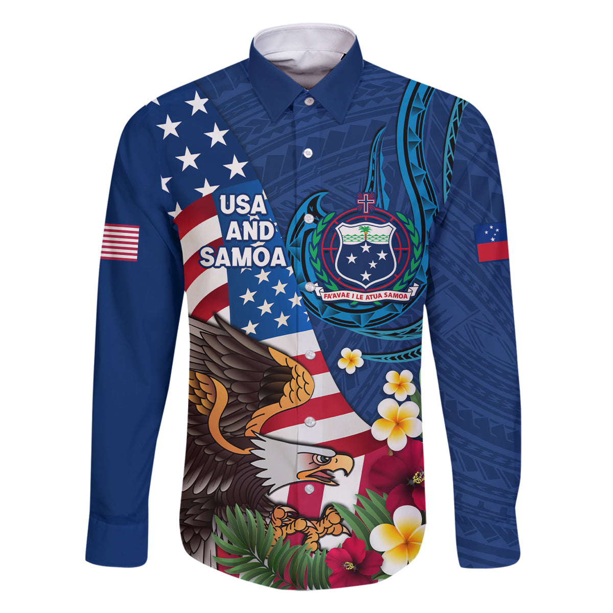 United States And Samoa Family Matching Tank Maxi Dress and Hawaiian Shirt USA Flag Eagle Mix Samoan Coat Of Arms LT14 Dad's Shirt - Long Sleeve Blue - Polynesian Pride