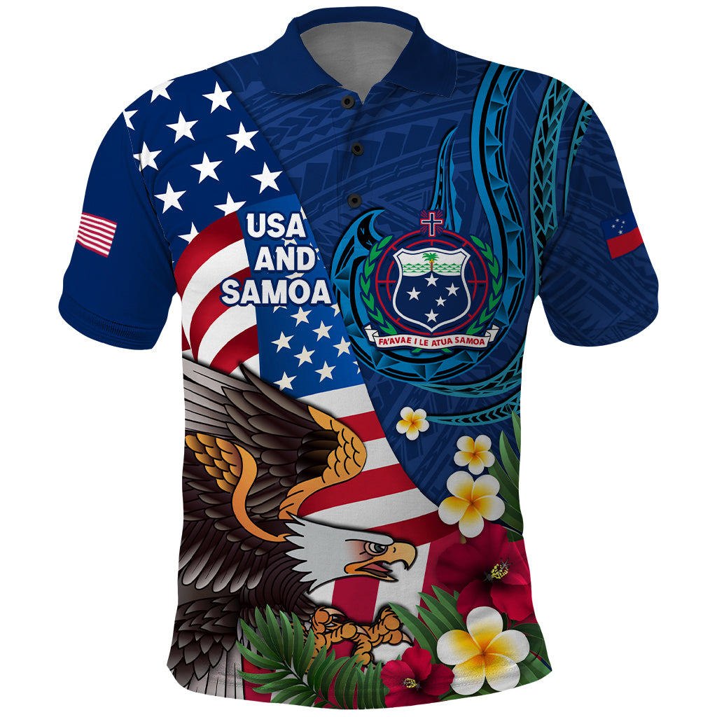 United States And Samoa Polo Shirt USA Flag Eagle Mix Samoan Coat Of Arms LT14 Blue - Polynesian Pride