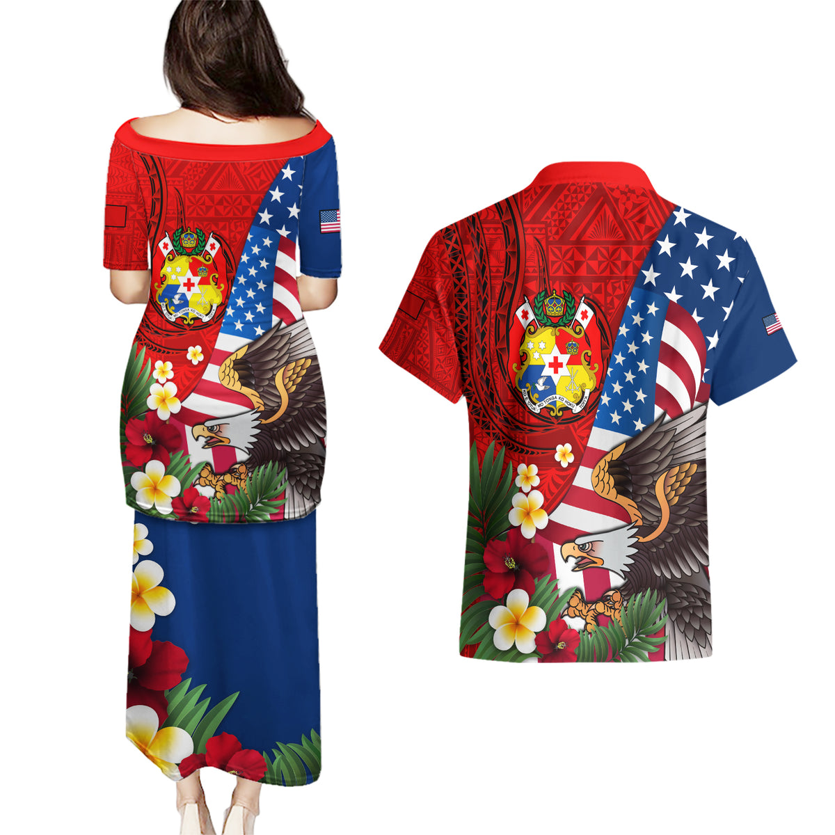 United States And Tonga Couples Matching Puletasi Dress and Hawaiian Shirt USA Flag Eagle Mix Tongan Coat Of Arms Ngatu Pattern LT14 - Polynesian Pride