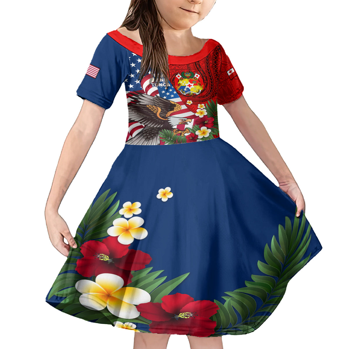United States And Tonga Family Matching Long Sleeve Bodycon Dress and Hawaiian Shirt USA Flag Eagle Mix Tongan Coat Of Arms Ngatu Pattern LT14 Daughter's Dress Blue - Polynesian Pride