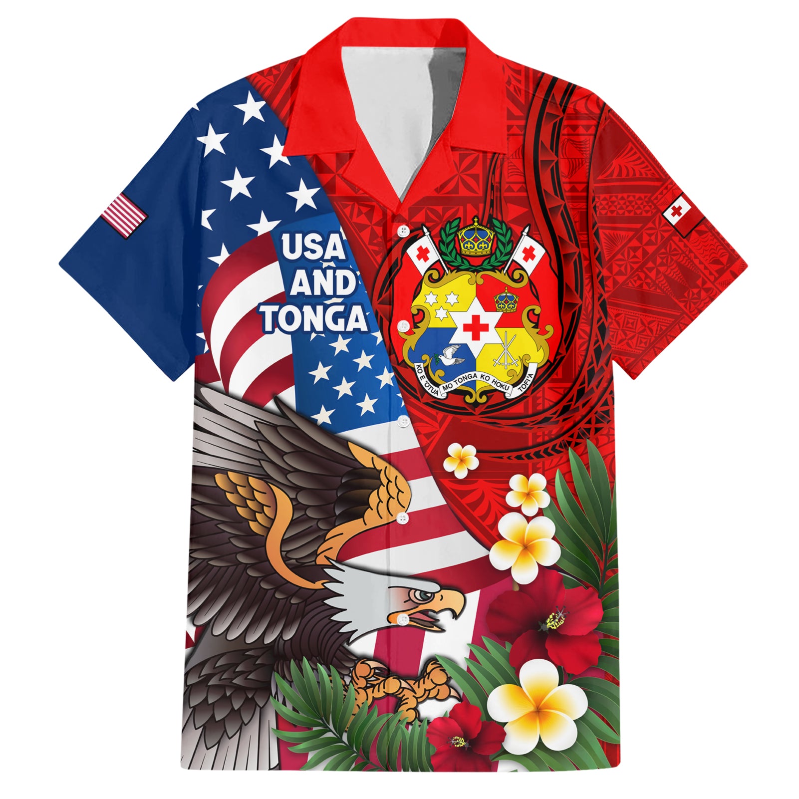 United States And Tonga Hawaiian Shirt USA Flag Eagle Mix Tongan Coat Of Arms Ngatu Pattern LT14 Blue - Polynesian Pride